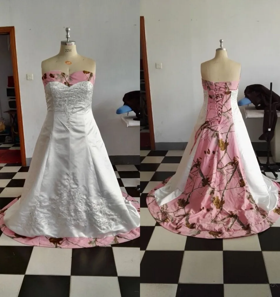 Plus Size Pink Camo Wedding Dresses With Sweetheart Neck Lace Up