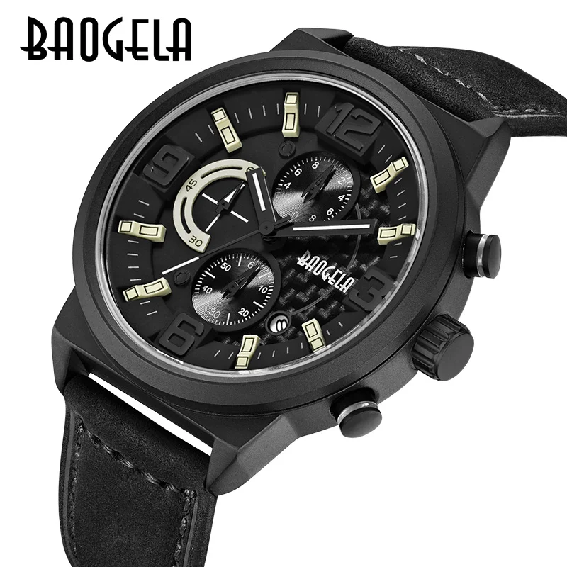 

BAOGELA Brand Black Fashion Mens Chronograph Quartz Watch 24 Hour Date Clock Male Sport Military Wristwatches Relogio Masculino