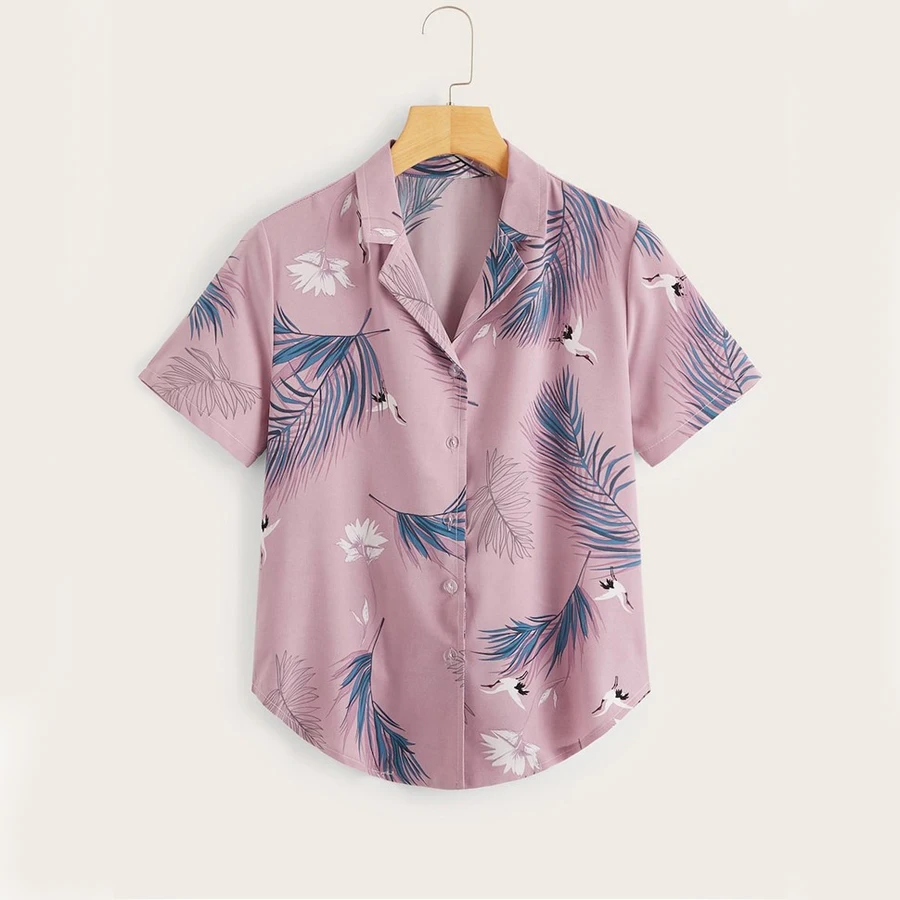 

Autumn Sexy Hawaiian Printed Shirts Turn Down Collar Leafs Blouses V neck Wild Long sleeved Single-breasted Tops