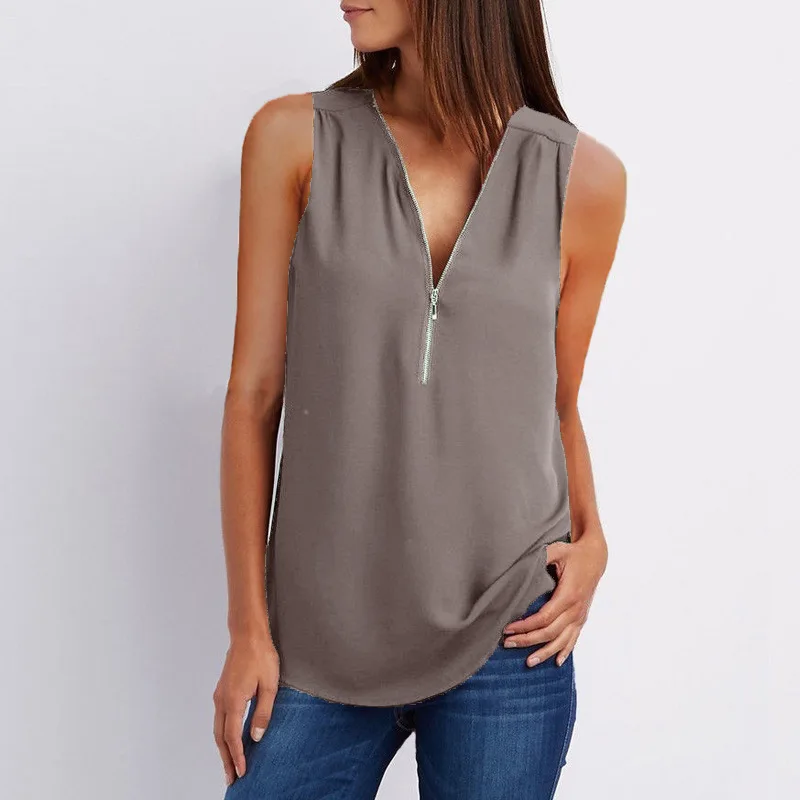 Plus Size S-5XL Chiffon Blouse Women Shirt Summer Sexy Sleeveless V Neck Zipper Blusas Casual Loose Tees Tank Tops Ladies Shirt womens shirts Blouses & Shirts