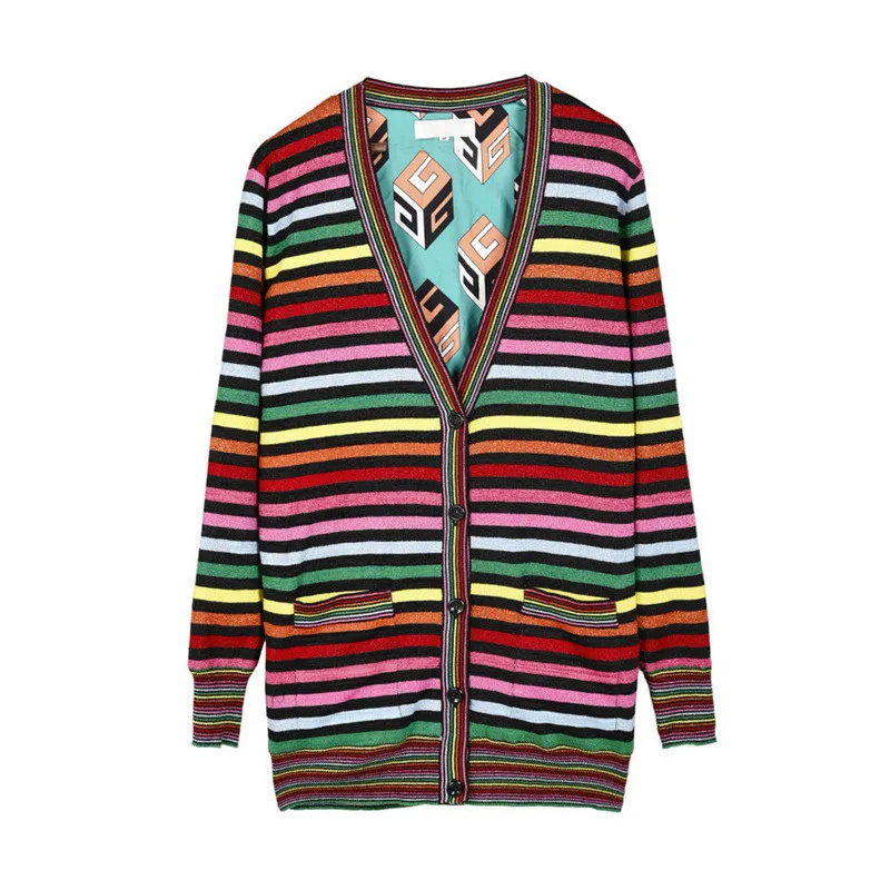 

2018 Luxury Designer Brand Spring Cardigans Women V Neck Golden Silk Rainbow Stripe Knitted Sweater with Botton