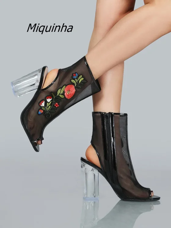 Trendy Design Flowers Embroidered Clear Block Heel Booties Sexy Black Mesh Slingback Ankle Boots Classy Chunky Heel Dress Shoes цена Trendy Design Flowers Embroidered Clear Block Heel Booties Sexy Black Mesh Slingback Ankle Boots Classy Chunky Heel Dress Shoes цены онлайн