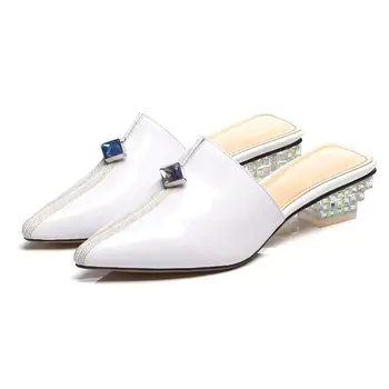 

Lenkisen 2019 new arrival office lady crystals decoration med heels pumps slip on pointed toe mules dress suit women shoes L78