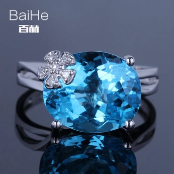 

BAIHE Solid 14K White Gold 7.9CT Oval Natural Dark Blue Topaz Flawless Wedding Women Trendy Fine Jewely Sweet Blue Topaz Ring