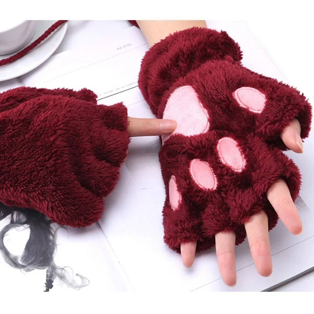 Женские зимние теплые перчатки, уплотненные пушистые плюшевые перчатки без пальцев с плюшевым медведем и котом лапы, милые перчатки без пальцев# YJ
