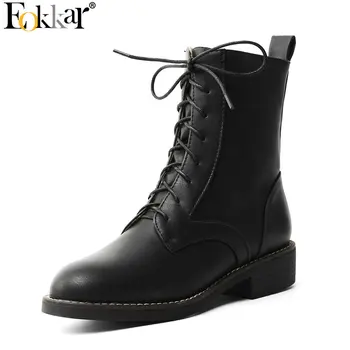 

Eokkar 2020 Women Mid Calf Boots Round Toe Pu Leather Lace Up All Match Winter Boots Casual Square Heel Ladies Shoes Size 34-43