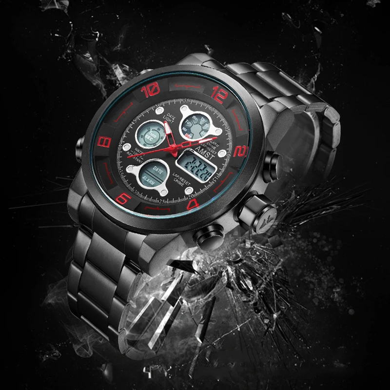 

AMST Men's Watches Quartz Watches Multi-function Dual Display Movement Men Watch Stainless Steel Luxury Waterproof inox reloj