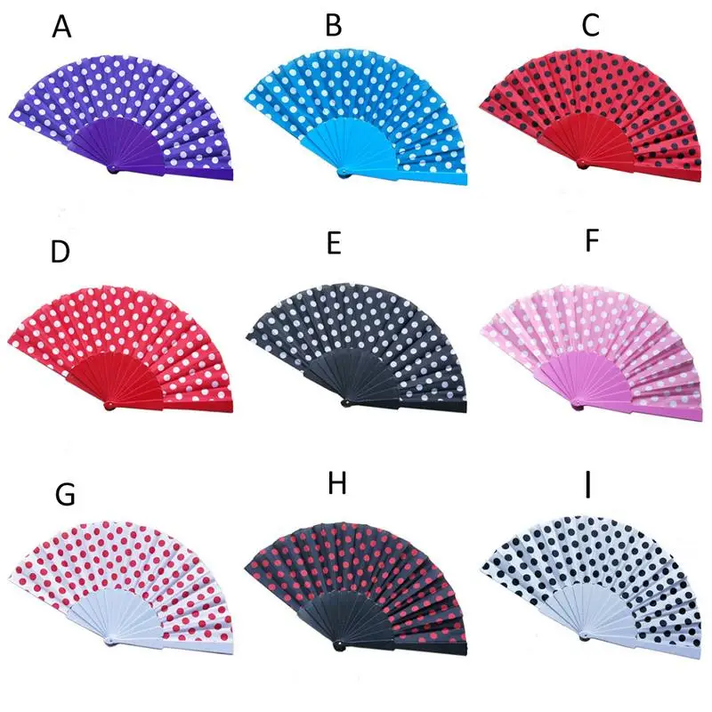 

9 Colors Elegant Plastic Spanish Hand Fan Japanese Polka Dots Folding Wind Fans Wedding Party Event Gifts Supplies