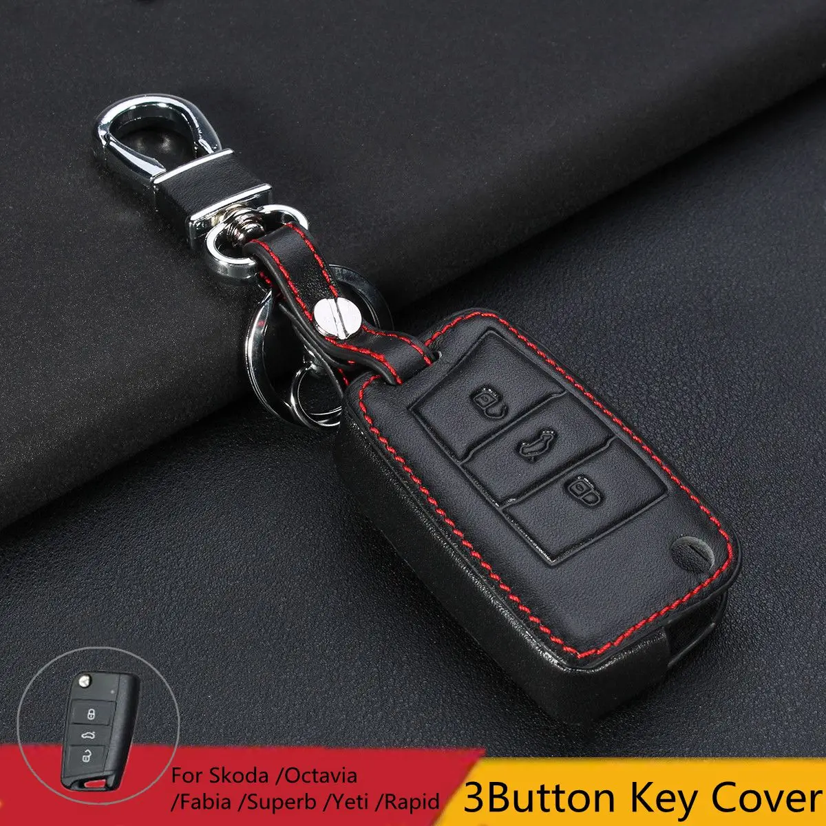 

3 Button PU Leather Key Case Cover For Skoda Octavia Fabia Superb/Yeti Rapid