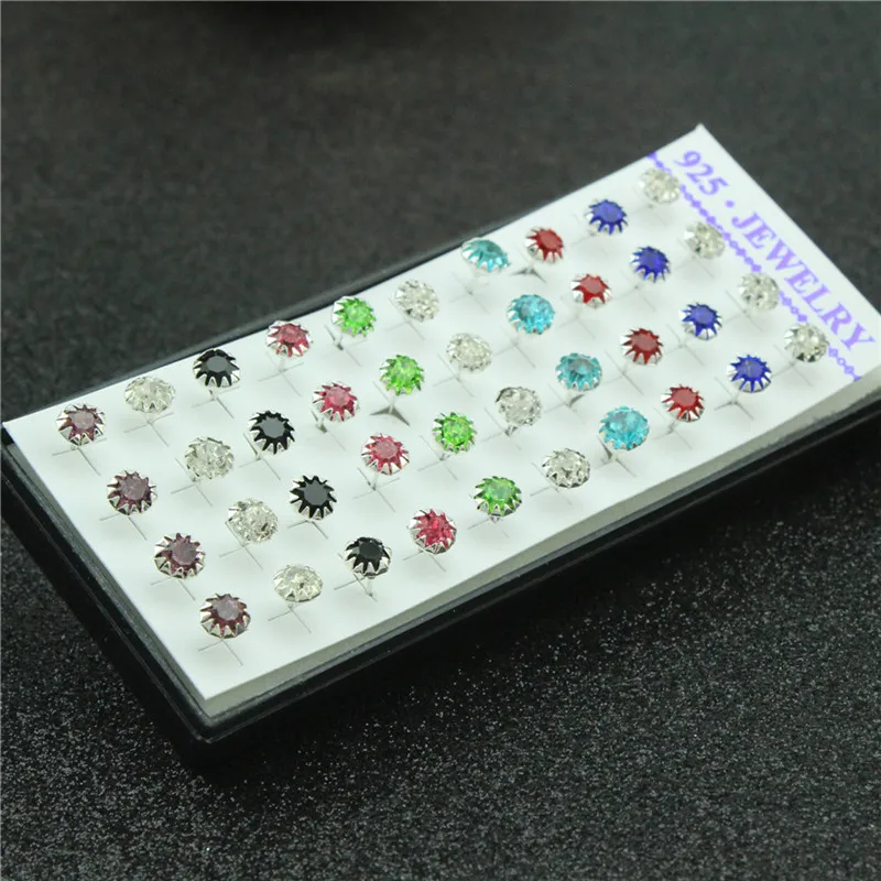 WalerV, 40 шт., круглые сережки-гвоздики с кристаллами, 925 пробы, Серебряная коробка, набор сережек, модное ювелирное изделие для женщин, бижутерия, подарки