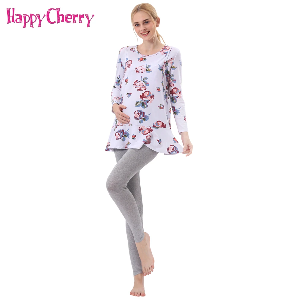 

Maternity 100% Cotton Breastfeeding Clothing Nursing Sets Floral Printed Tops Clothes Adjustable Pants for Pregnant Women Gifts