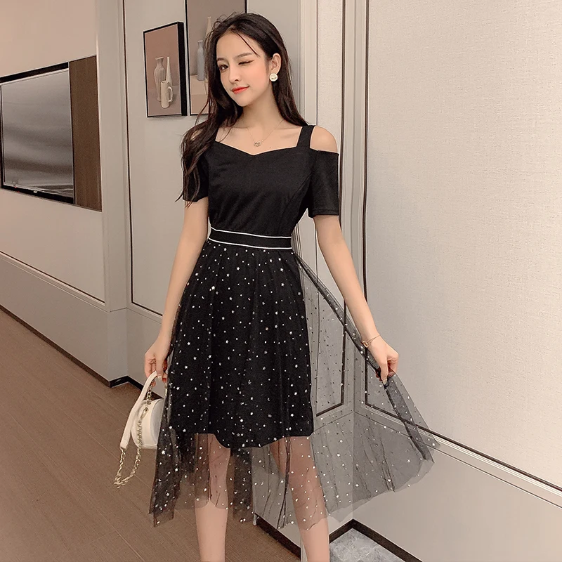 

Korean Fashion Off Shoulder Dress Summer Casual Black Stars Mesh Patchwork Sexy Robe Femme Slash Neck Elegant Dress Women S-XL