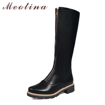 

Meotina Winter Knee High Boots Women Front Zipper Boots Med Heels Long Boots Ladies Autumn Footwear White Black Size 33-43