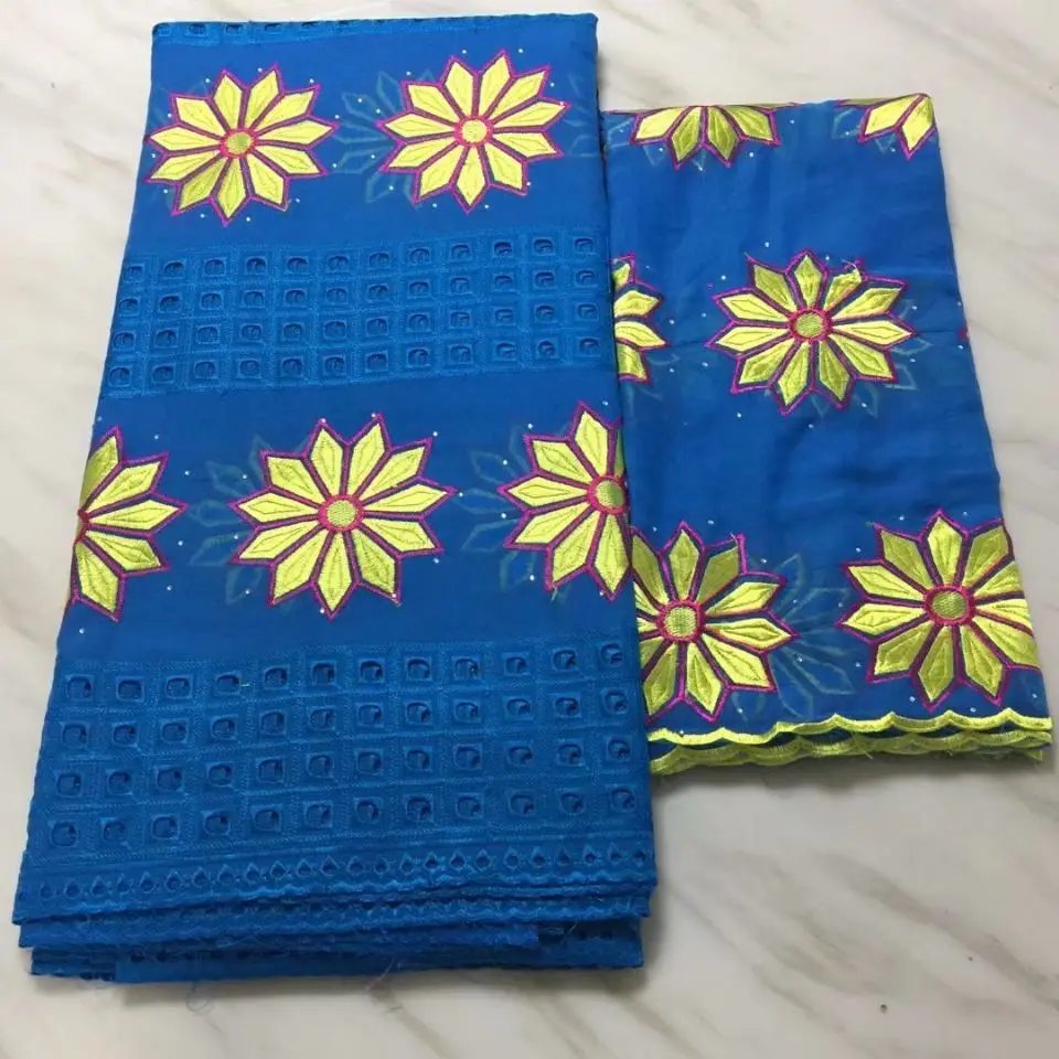 

5Yards Fashionable blue african cotton fabric with yellow flower embroidery and 2Yards french net lace set for dress BC39-8