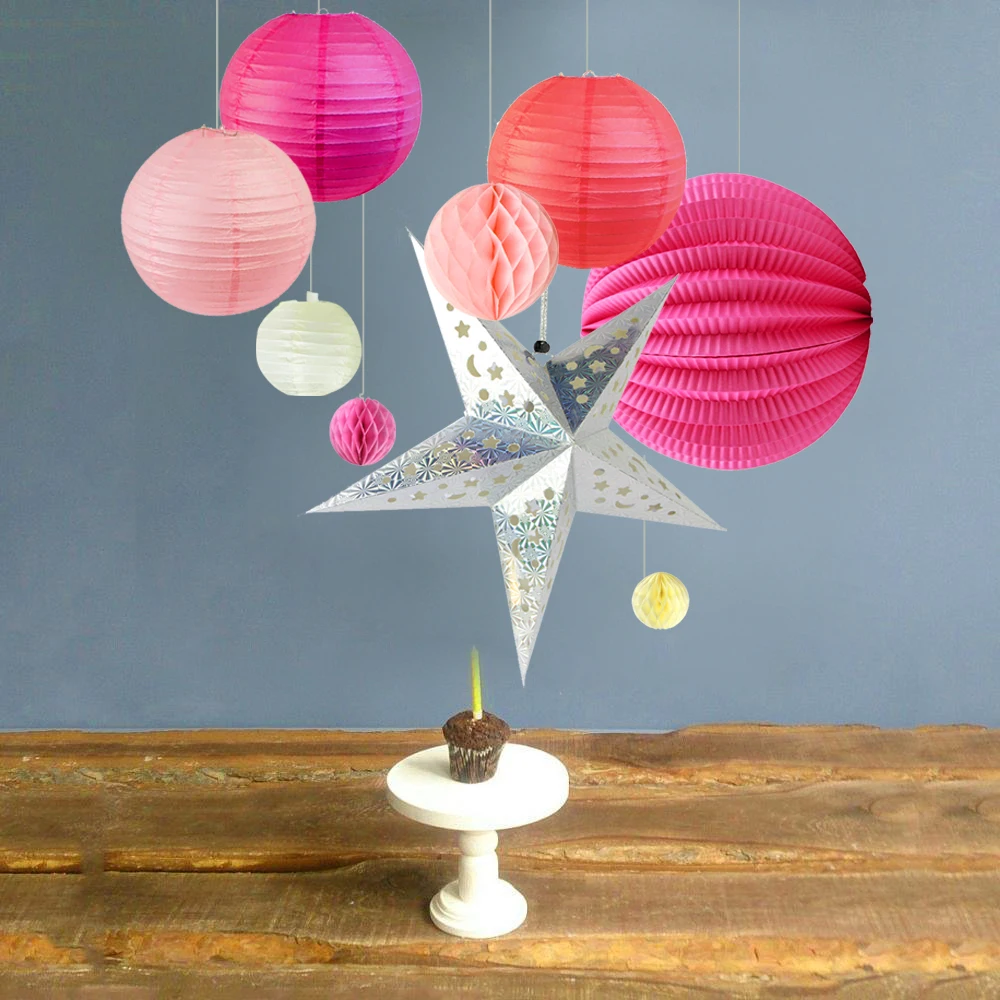 9pcs Paper Decoration Set Paper Stars Pleated Paper Lanterns Tissue