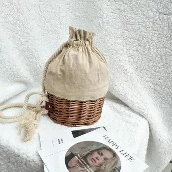 

Patchwork Straw-woven Canvas Drawstring Bag Women Basket Bucket Bag