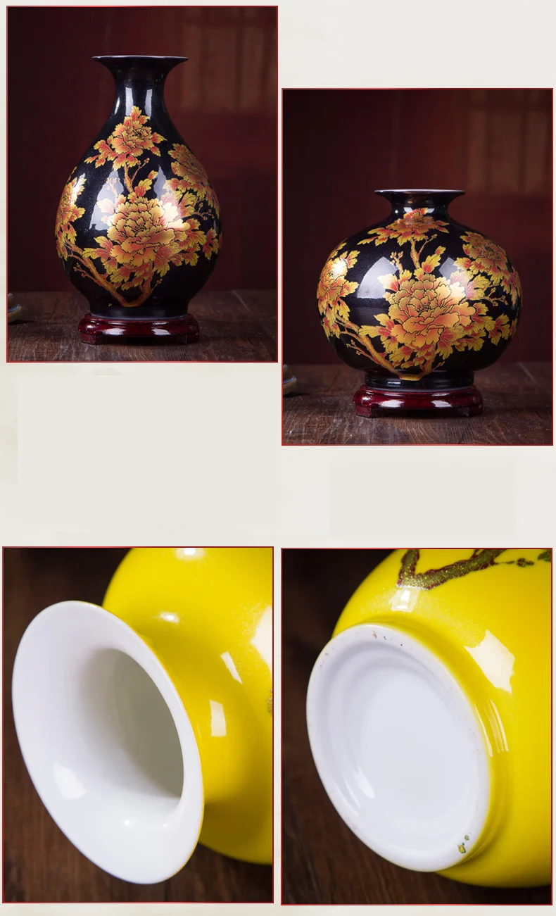 Китайский стиль ваза Цзиндэчжэнь желтая Хрустальная глазурь ваза для цветов домашний Декор ручной работы блестящие Семейные вазы для роз