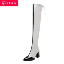 QUTAA/ г. Разноцветная женская обувь из лакированной кожи с острым носком на молнии модные ботфорты на квадратном каблуке со шнуровкой размеры 34-43