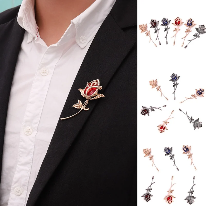 

1PC Rose Flower Brooch Pin Rhinestone Alloy Gold Brooches Birthday Gift Garment Accessories Men Women Brooches For Wedding