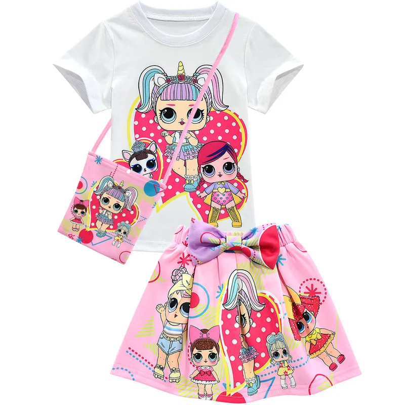 

Baby Girls Clothes Sets 2019 Summer Lol doll short sleeve top+Bow cartoon print skirt+Bag 3-piece kids Children's Clothing Suit