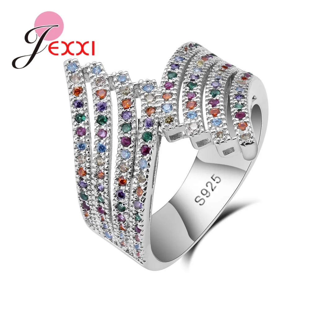 

JEXXI Geometric Shape 925 Sterling Silver Full Clear Micro Colorful Cubic Zirconia Wedding Party Rings Jewelry Women Anillos