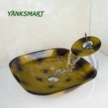 

YANKSMART Bathroom Tempered Glass Hand Painting Basin Vessel Sink Bowl Faucet Set Deck Mounted Tap With Chrome Pop-up Drain Taps