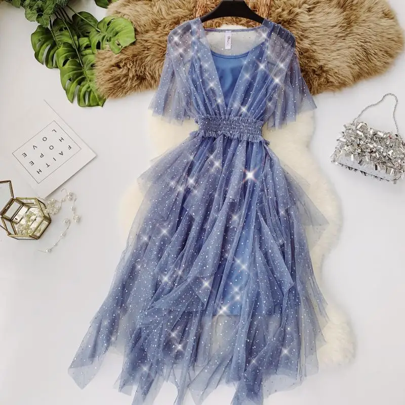 Женское летнее сексуальное кружевное платье с v-образным вырезом звездное небо милые вечерние платья с расклешенной юбкой с подкладкой