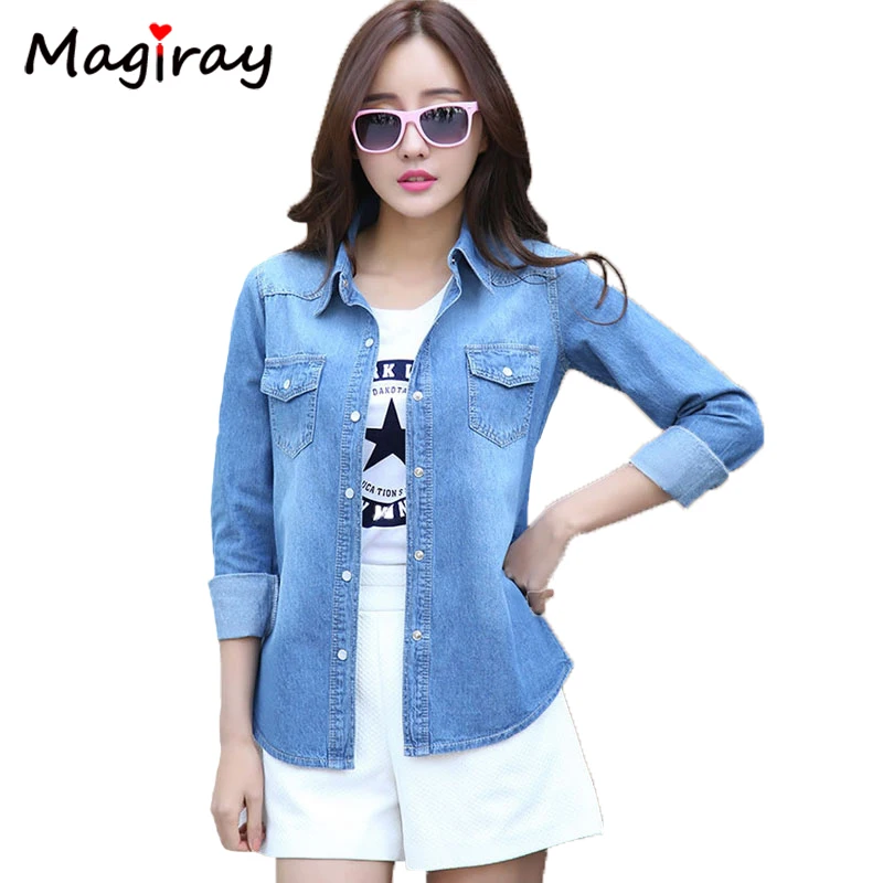 En Ligne 2019 Solide Femmes T shirt Bleu Coton Blusas Femme Tops Coréenne Casual Manches Longues Femmes Denim de Chemise Camisa Jeans Feminina c323