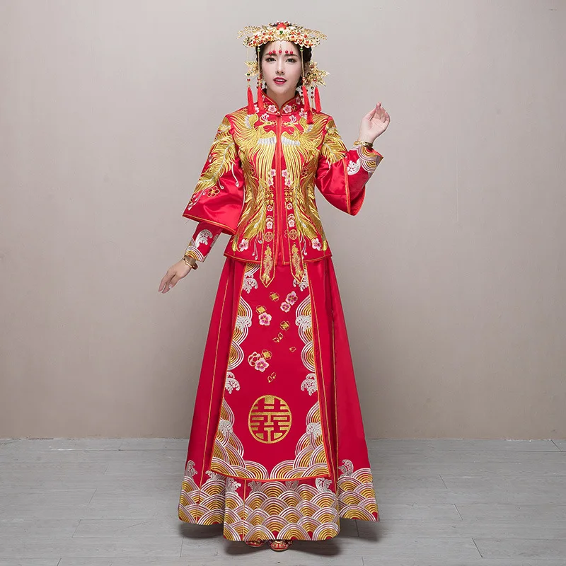 Китайский Стиль Свадебные Cheongsam Королевский Для женщин вышивка феникс-оболочка платье Винтаж цветочное пальто + юбка 2 шт. Набор Ципао