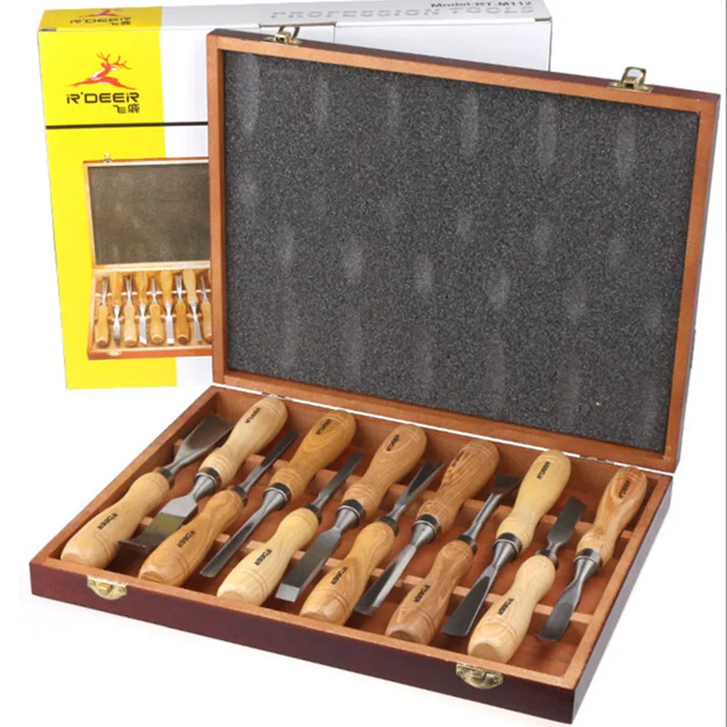 Conjunto de Ferramentas de Trabalho Faca na Caixa Rdeer Madeira Carving Cinzel Kit Gravadores Ferramentas Marcenaria 12 Pçs