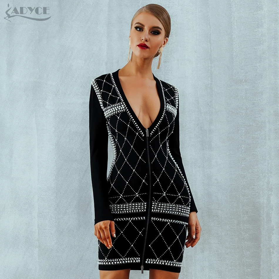 Adyce 2019 Vrouwen Zomer Bandage Jurk Vestidos Celebrity Avond Party Dress Sexy Zwarte Lange Mouwen Kralen Parels Landingsbaan Jurk
