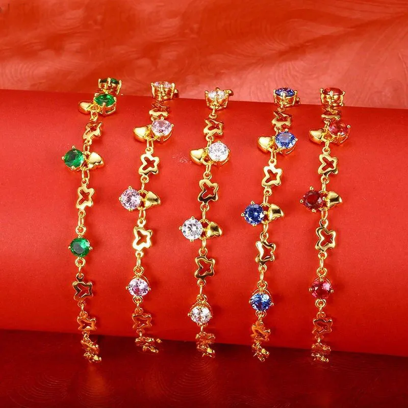 

MxGxFam 18 cm Blue / Red / Pink / Green / Clear Zircon Small Bracelets For Women 24 k Pure Gold Color lead and nickel free