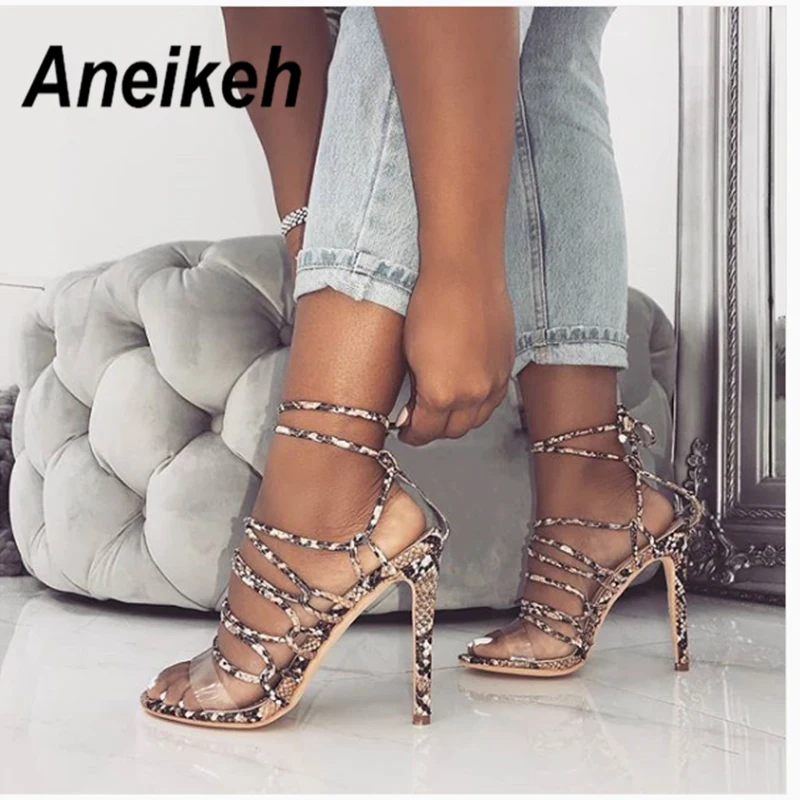 

Aneikeh 2019 Summer Women Sandals Ankle Strap Lace-Up High Heels PU serpentine Sexy Thin Heel Sandals Lady Shoes Size 35-40
