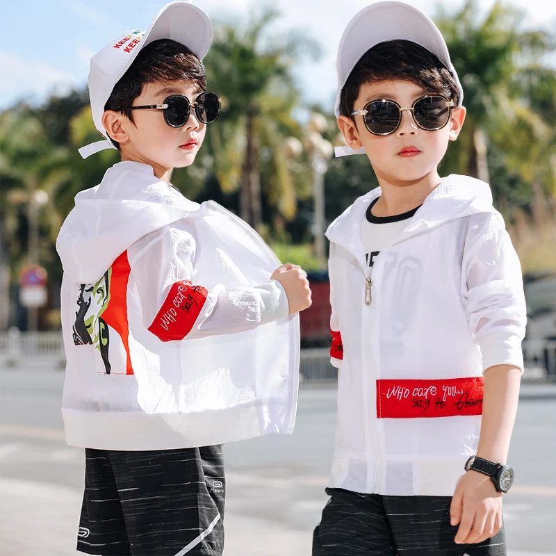 Boys Girls Hooded Sweatshirt Beach Tops Korean Zipper Autumn Children Outwear children thin white jacket for 4 8 10 12 14 Years