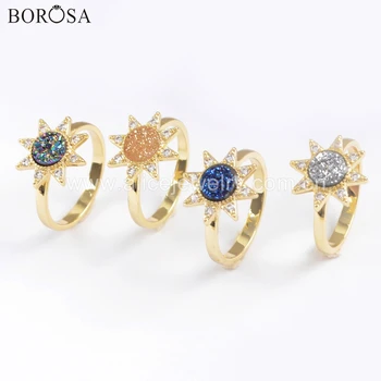 

BOROSA 5Pairs Wholesale hexagram Agates Druzy Rings Natural Drusy Tianium Rainbow Six Stars Fashion Ring Gift For Lady ZG0388