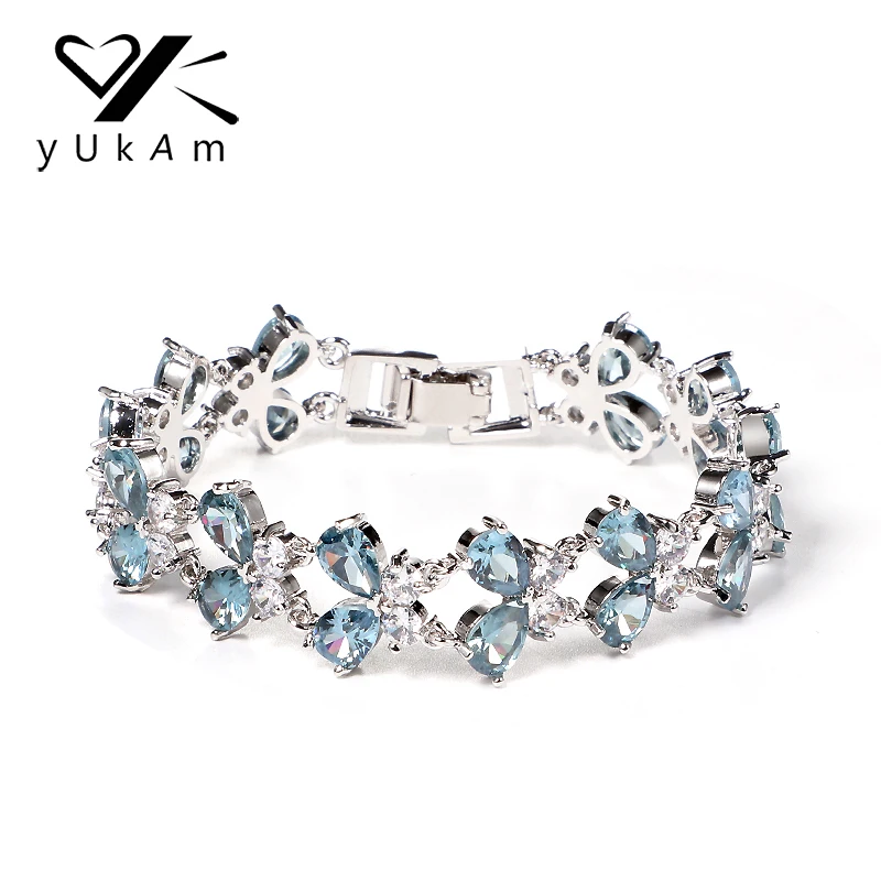 

YUKAM Luxury Silver Blue Crystal Butterfly Tennis Bracelet Water Drop AAA Cubic Zircon Bracelets Bangle Bridal Jewelry for Women