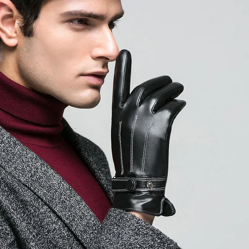 KLSS Brand Genuine Leather Men Gloves Autumn Winter Plus Velvet Thermal High Quality Goatskin Glove Touchscreen Optional 09