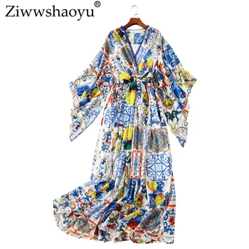 

ZiwwshaoyuEurope and the United States 2018 autumn new dress Bohemian Print Bow V-Neck Flare Sleeve Big swing dress Custom 5XL