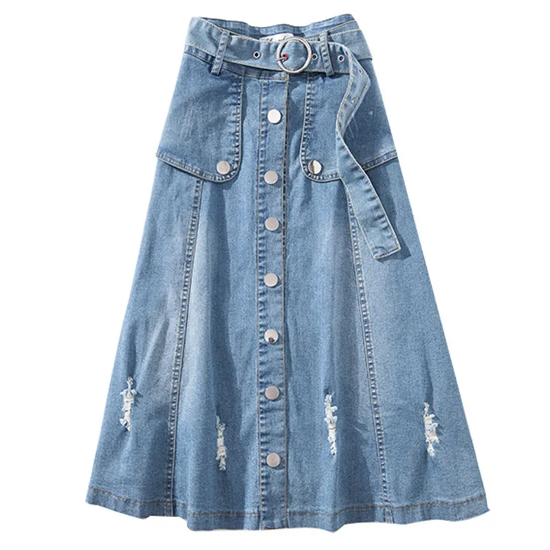 UHYTGF Women skirts Fashion button summer Denim skirt women Belt high waist elegant lady jeans skirt casual plus size skirts 639 - Цвет: blue
