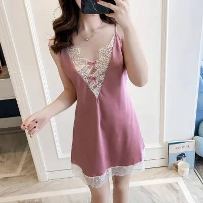Daeyard шелковая ночная рубашка женское белье, сексуальная ночная сорочка с глубоким v-образным вырезом, кружевная отделка, домашнее платье, высококачественное атласное летнее платье, одежда для сна - Цвет: pink