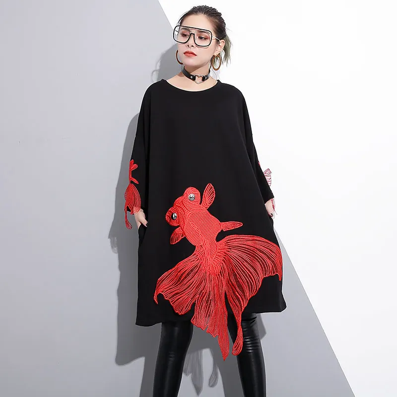 

TREND-Setter 2018 Spring New Loose Black Dress Women Fish Embroidery Summer Vestidos Plus Size Casual Dresses