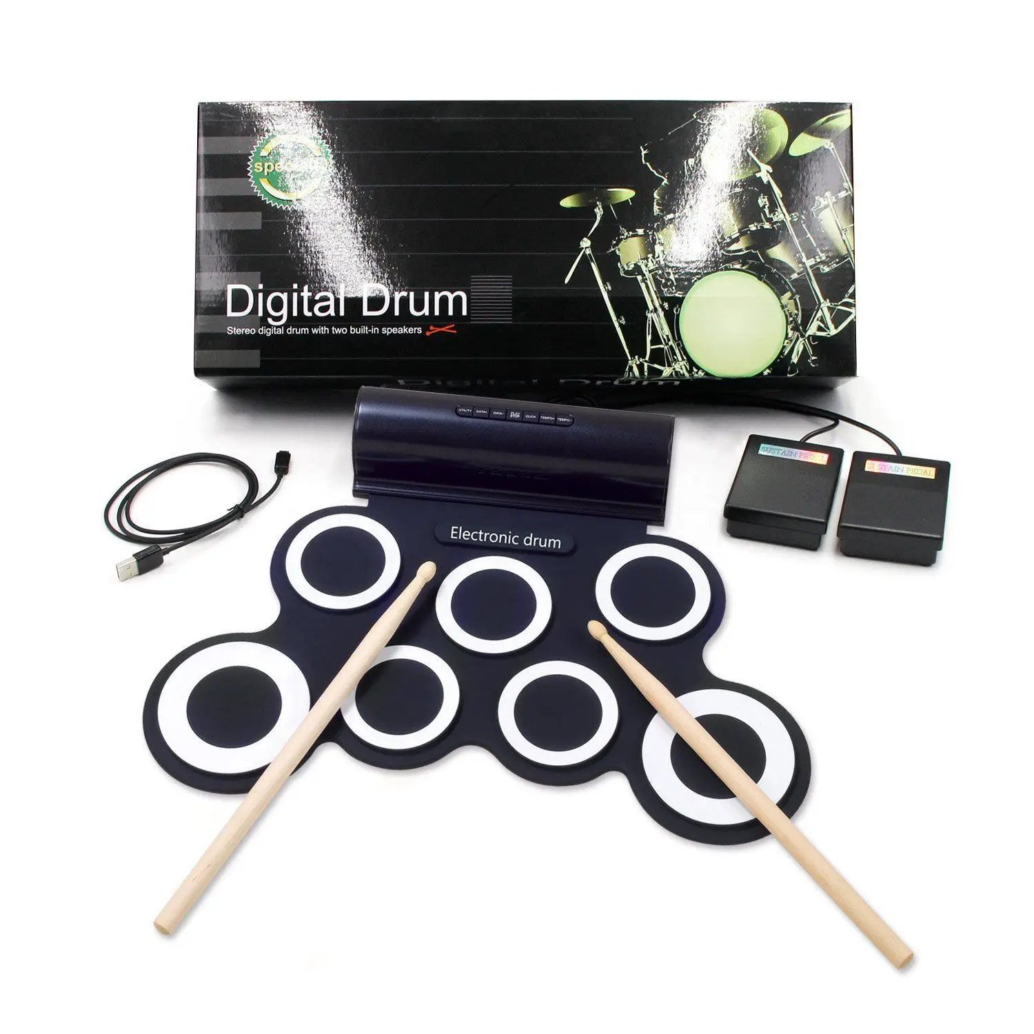 

XFDZ Portable Electric Drum Digital Mono Electronic Drum Set 7 Silicon Pads Built-in Speaker USB Powered with Drumsticks Foot P