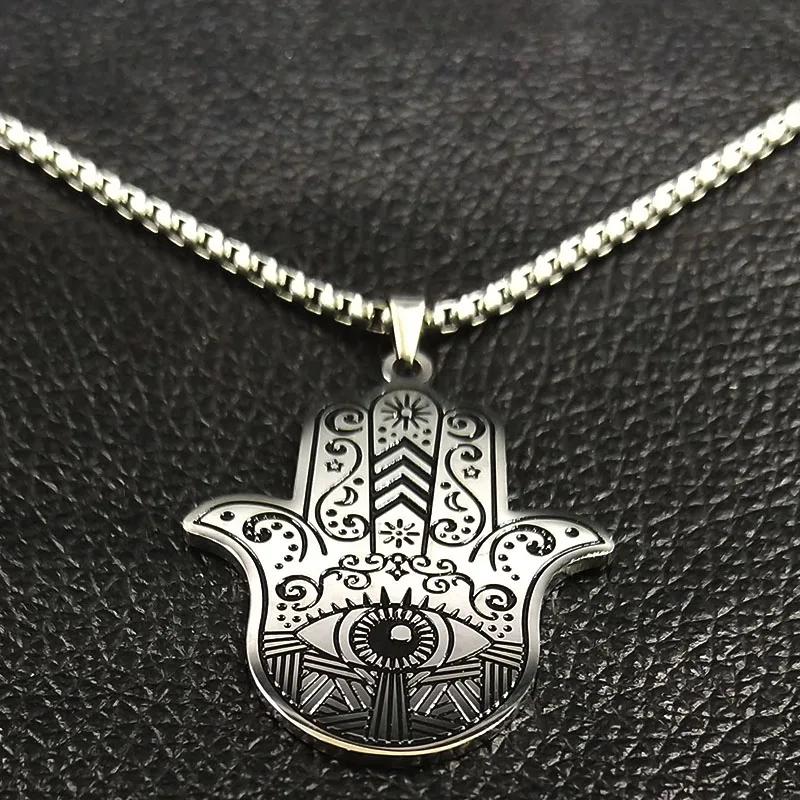 2020 Hamsa Hand Stainless Steel Necklaces Men Black Silver Color Necklaces Pendants Jewelry collier homme N18536 - Image 3