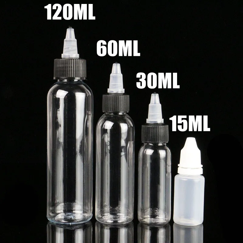 10PCS 120ML/60ML/30ML/15ML Tattoo Empty Ink Bottle Plastic Twist Cap Tattoo Ink Pigment Clear Bottle Free Shipping