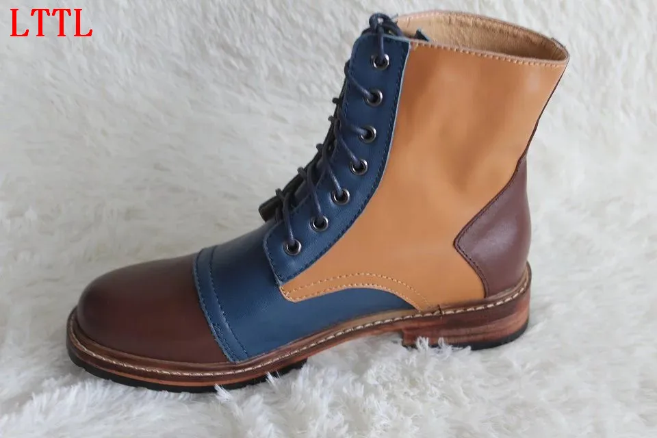 

LTTL men new fashion Autumn ankle boots mid-calf round toe cross-tied lace-up patchwork gentlemen casual shoes mixed colors