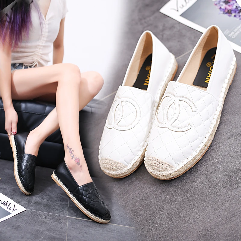 

2019 Fashion Designer Patchwork Espadrilles Shoes Woman Genuine Leather Creepers Flats Ladies Loafers White Leather Moccasins