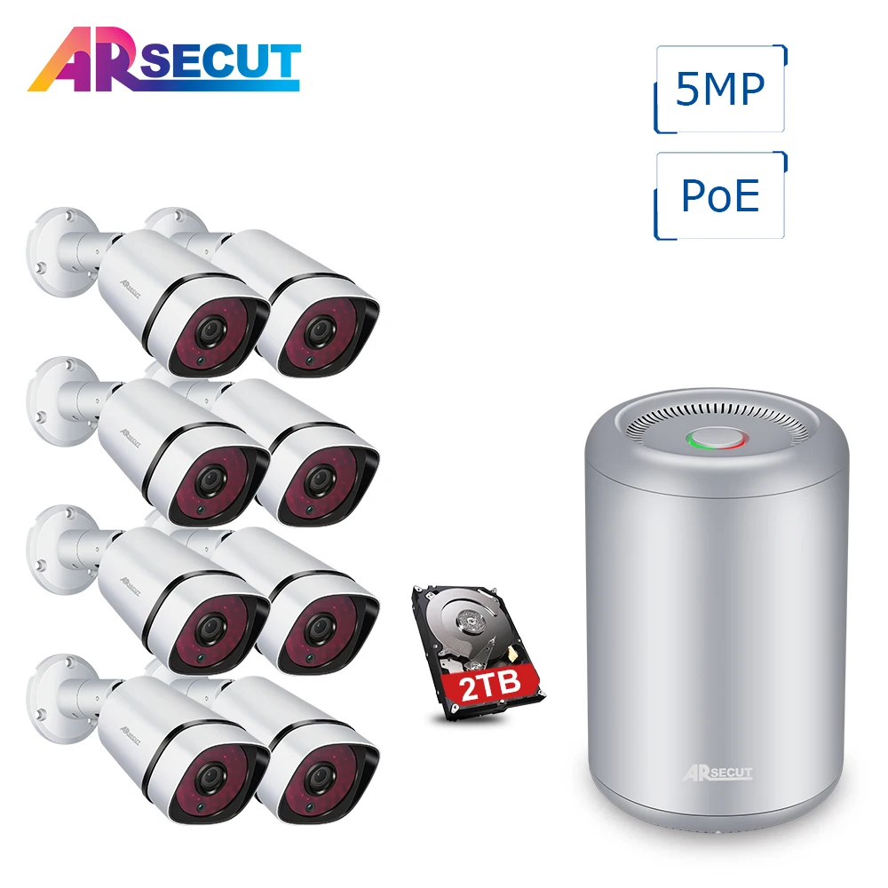 

ARSECUT 8CHANNEL POE 5MP NVR Kit Outdoor Remote View Security Camera System Waterproof IR NightVision Surveillance System 2TBHDD