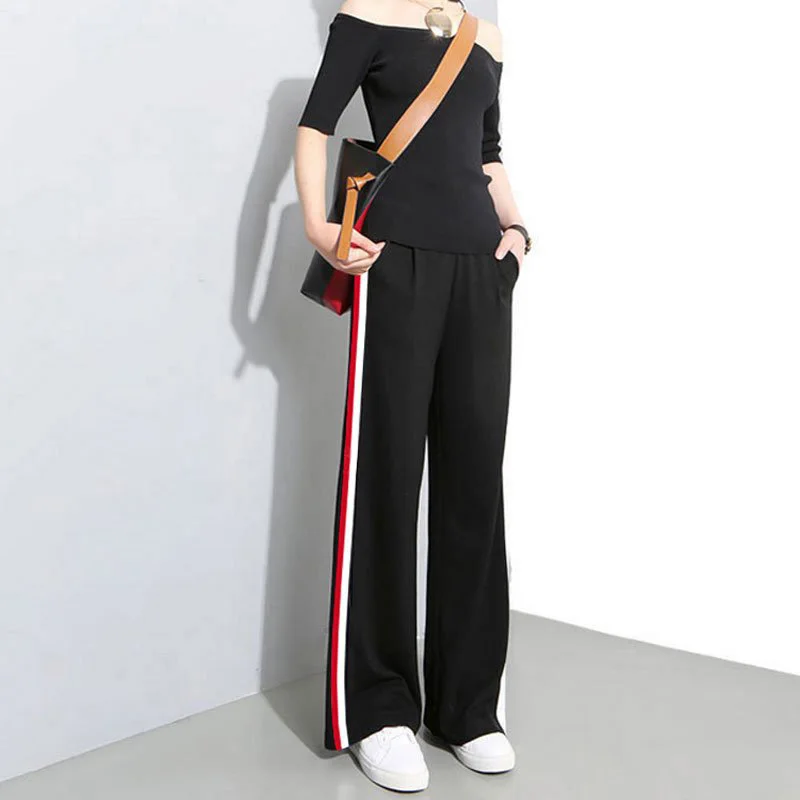 Women Casual High Waist Bandage Loose Striped Wide Leg Long Pants Trousers Sport Casual Korean Trousers Fashion