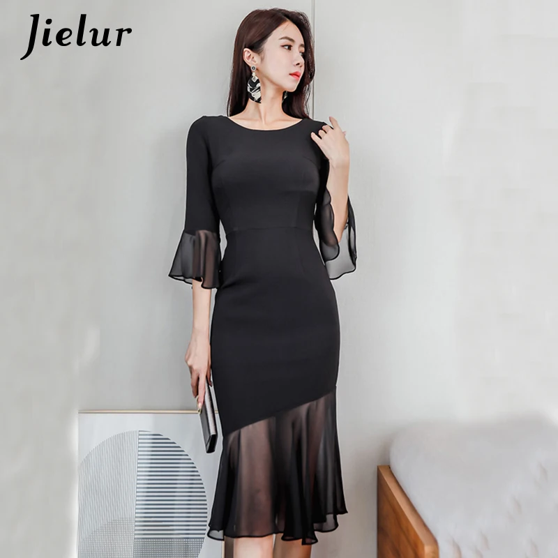 

Jielur Dress Ladies 2019 Spring New Fashion Flare Sleeve Midi Dresses Women Skinny Black Solid Elegant Mesh Patchwork Vestidos