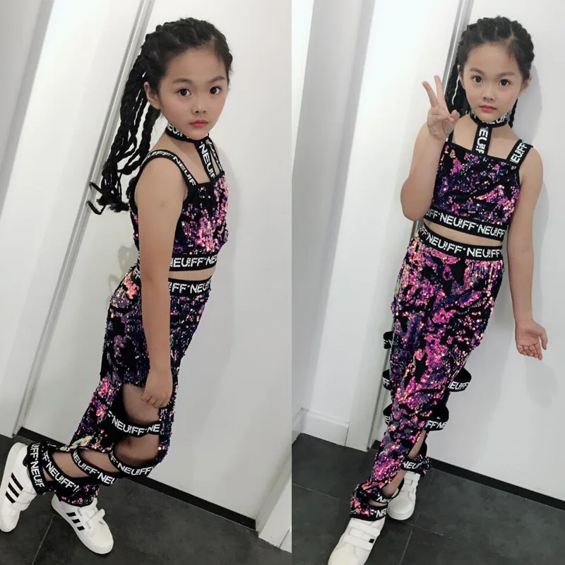 Костюмы для современных джазовых танцев с фиолетовыми блестками для девочек Детская танцевальная одежда в стиле хип-хоп костюмы, комплект из топа и штанов